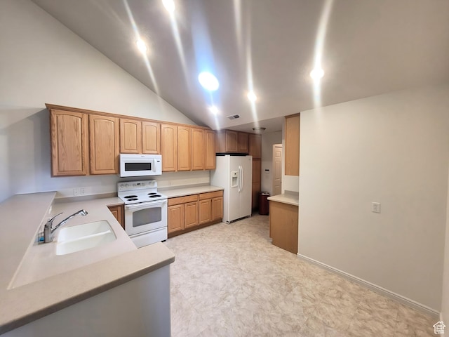 186 S 1900 W Unit R2, Lehi, UT 84043 - kitchen featuring white appliances, a sink, lofted ceiling, light floors, and light countertops