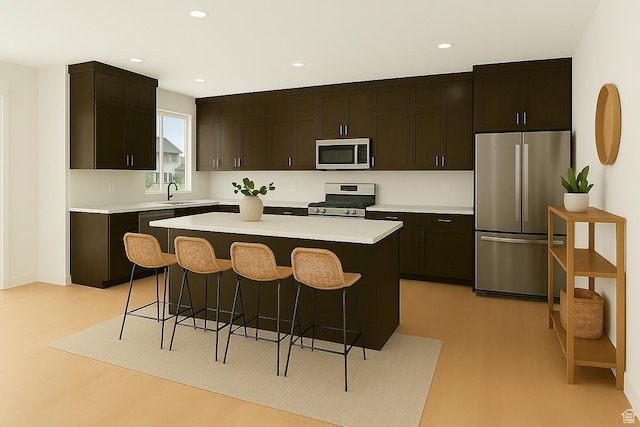 1765 W 650 S, Marriott Slaterville, UT 84404 - kitchen featuring appliances with stainless steel finishes, light wood-type flooring, a breakfast bar area, a kitchen island, and light countertops