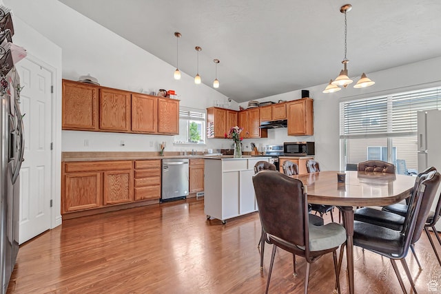 2012 S 575 W, Lehi, UT 84043 - kitchen with dishwasher, lofted ceiling, brown cabinetry, and light wood-style floors