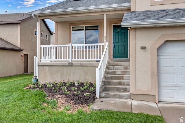 2012 S 575 W, Lehi, UT 84043 - property entrance featuring covered porch, roof with shingles, stucco siding, and a garage