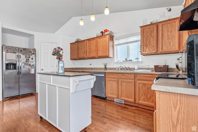 2012 S 575 W, Lehi, UT 84043 - kitchen with stainless steel appliances, light wood finished floors, ventilation hood, a kitchen island, and lofted ceiling