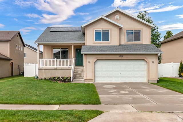 2012 S 575 W, Lehi, UT 84043 - split level home featuring covered porch, stucco siding, roof mounted solar panels, and a shingled roof