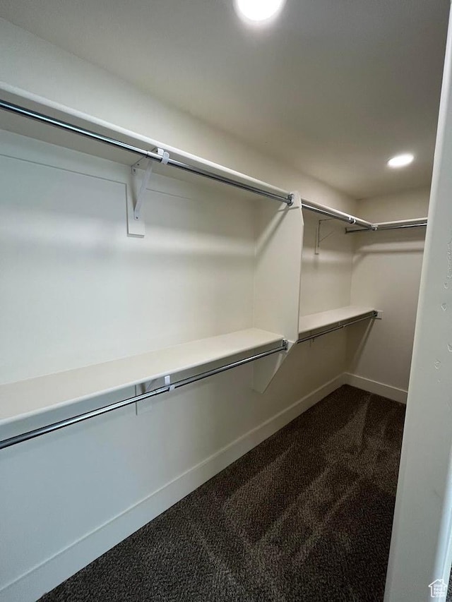 spacious closet featuring dark carpet
