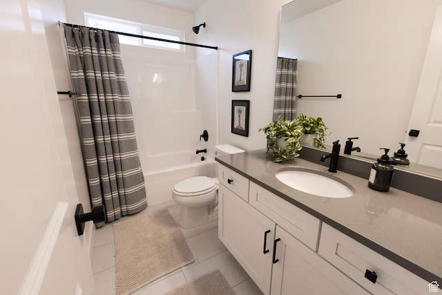 full bathroom with toilet, shower / tub combo with curtain, vanity, and tile patterned flooring