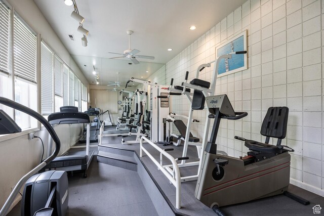 1443 W Spinnaker Row S, Taylorsville, UT 84123 - exercise room with a ceiling fan, tile walls, and recessed lighting