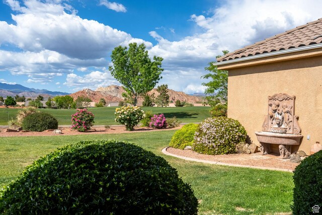 view of grassy yard featuring a mountain view