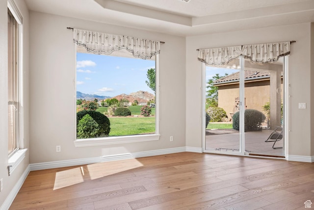 unfurnished room featuring wood-type flooring, a mountain view, baseboards, and a raised ceiling