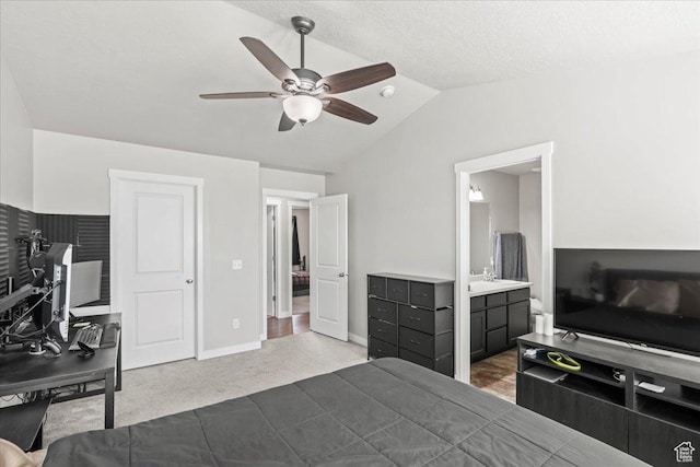 971 W Farnham Dr, North Salt Lake, UT 84054 - bedroom with an office area, lofted ceiling, carpet flooring, ceiling fan, and ensuite bath