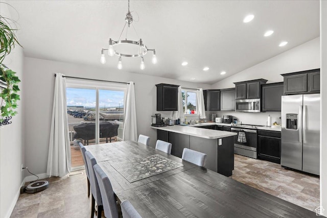 971 W Farnham Dr, North Salt Lake, UT 84054 - dining room featuring a chandelier, recessed lighting, lofted ceiling, and baseboards