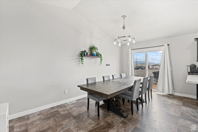 971 W Farnham Dr, North Salt Lake, UT 84054 - dining space with a chandelier, vaulted ceiling, and baseboards