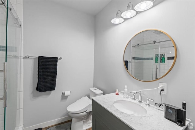 971 W Farnham Dr, North Salt Lake, UT 84054 - bathroom featuring a stall shower, toilet, vanity, and baseboards