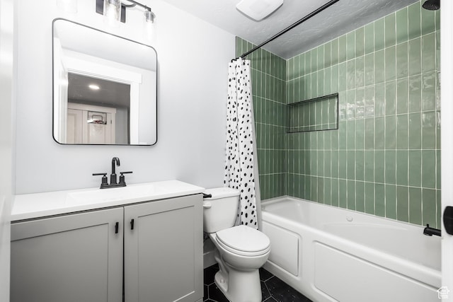 full bath featuring shower / bath combo, toilet, and vanity