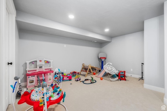 rec room featuring carpet floors, baseboards, and recessed lighting