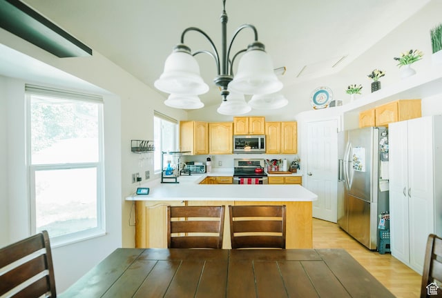 kitchen featuring appliances with stainless steel finishes, light brown cabinets, a peninsula, and healthy amount of natural light