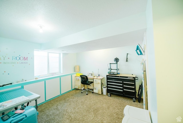 bedroom with light carpet and a desk
