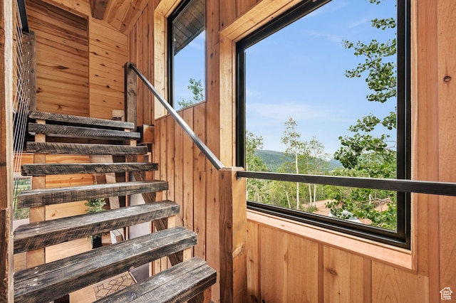 staircase with wood walls
