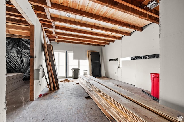 misc room featuring beam ceiling and wood ceiling