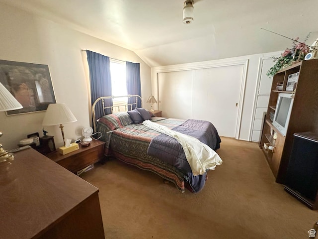 bedroom with vaulted ceiling, carpet, and a closet
