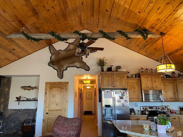 kitchen featuring stainless steel appliances, wooden ceiling, high vaulted ceiling, ceiling fan, and brown cabinets