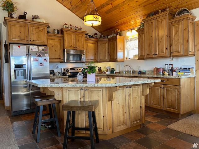 kitchen with stainless steel appliances, wooden ceiling, lofted ceiling, a kitchen island, and pendant lighting