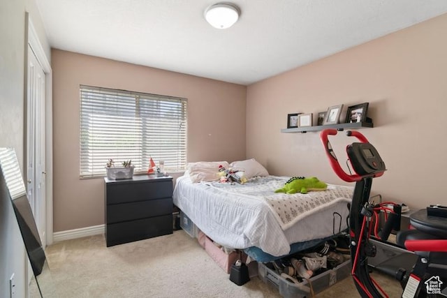 bedroom featuring carpet, baseboards, and a closet