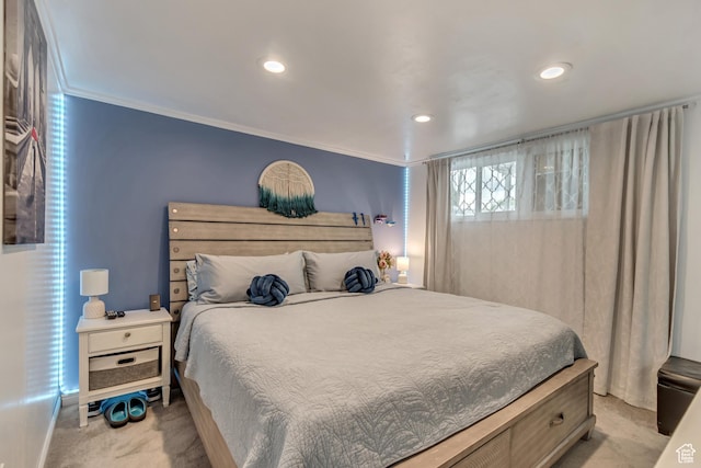bedroom featuring light carpet, recessed lighting, and crown molding