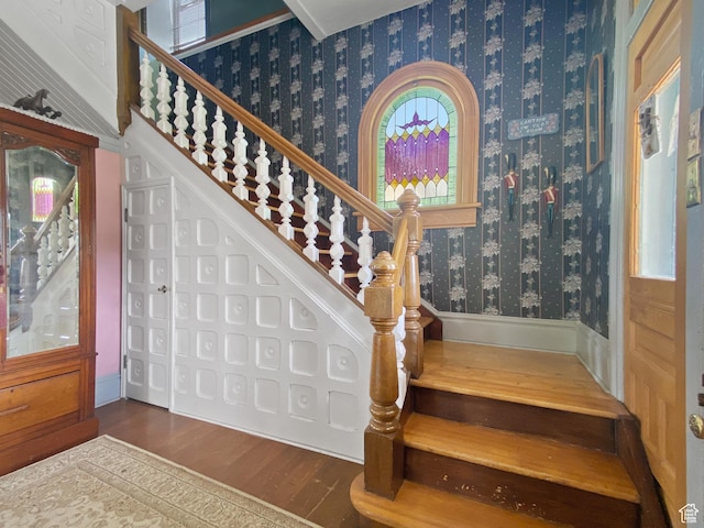 244 S Main St W, Ephraim, UT 84627 - stairs with wallpapered walls and wood finished floors