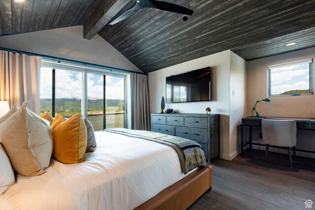 bedroom with multiple windows, dark wood-type flooring, access to outside, baseboards, and wood ceiling