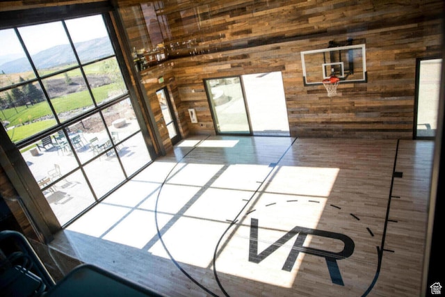 view of basketball court featuring a mountain view