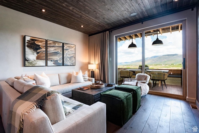 living room with wooden ceiling, wood-type flooring, and recessed lighting