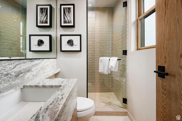 full bath featuring a stall shower, toilet, vanity, and tile patterned flooring