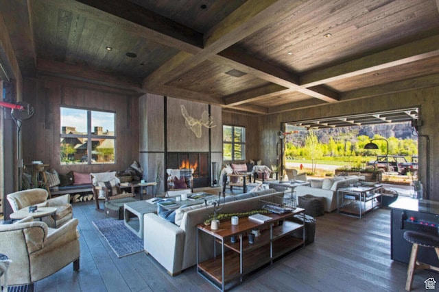 living area featuring wood walls, wooden ceiling, coffered ceiling, beam ceiling, and hardwood / wood-style floors