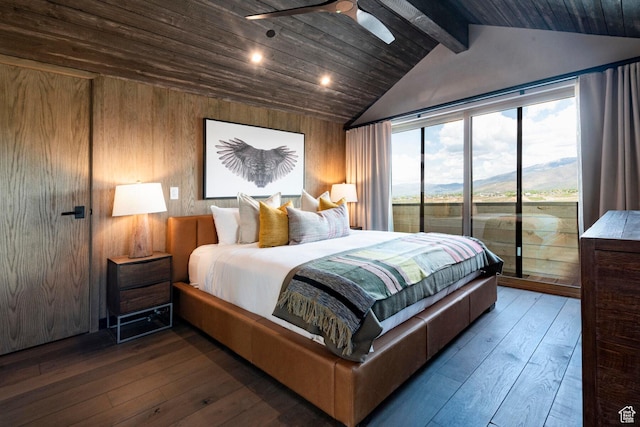 bedroom with access to exterior, hardwood / wood-style flooring, wood walls, wood ceiling, and a ceiling fan