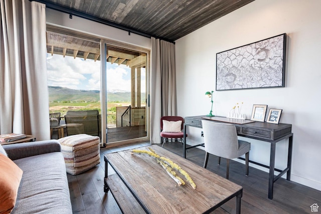 living area featuring hardwood / wood-style flooring, an office area, and a mountain view