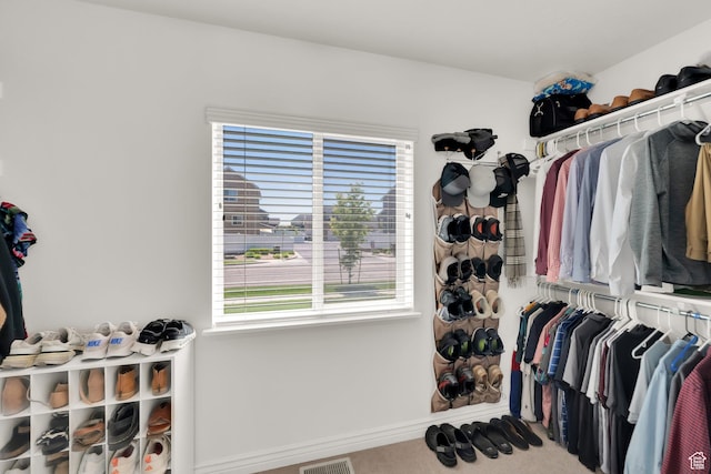 walk in closet with carpet flooring