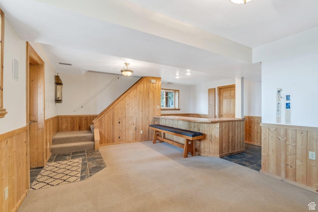 rec room with wood walls, wainscoting, and carpet