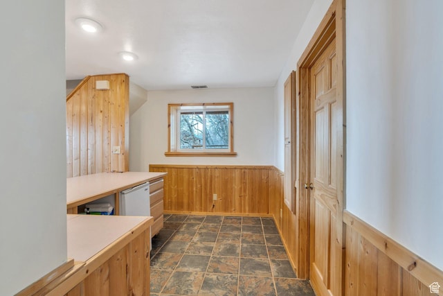bonus room with stone finish flooring, wood walls, and wainscoting