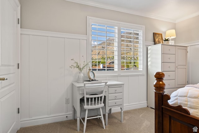 512 Glendon Way, Pleasant Grove, UT 84062 - bedroom with a decorative wall, light carpet, multiple windows, ornamental molding, and wainscoting