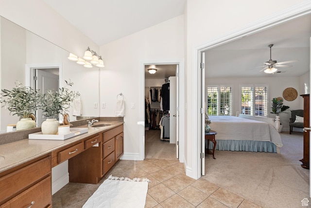 512 Glendon Way, Pleasant Grove, UT 84062 - ensuite bathroom with ceiling fan, tile patterned flooring, high vaulted ceiling, double vanity, and baseboards