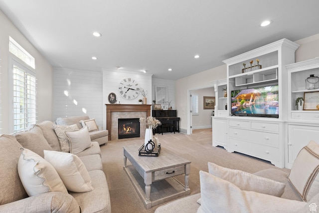 512 Glendon Way, Pleasant Grove, UT 84062 - living room with recessed lighting, light carpet, a glass covered fireplace, and baseboards