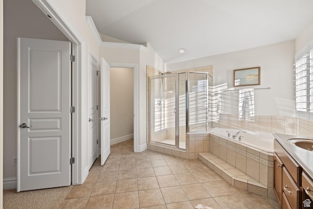 512 Glendon Way, Pleasant Grove, UT 84062 - full bath with a stall shower, a bath, vanity, crown molding, and tile patterned flooring