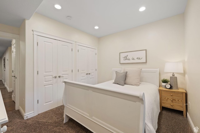 512 Glendon Way, Pleasant Grove, UT 84062 - bedroom with dark colored carpet, two closets, baseboards, and recessed lighting