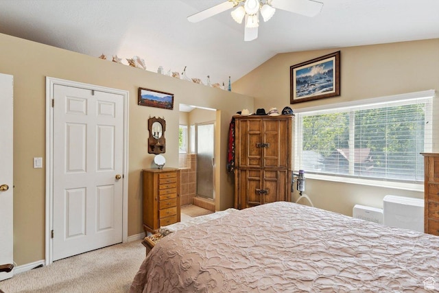 bedroom with carpet, multiple windows, lofted ceiling, and baseboards