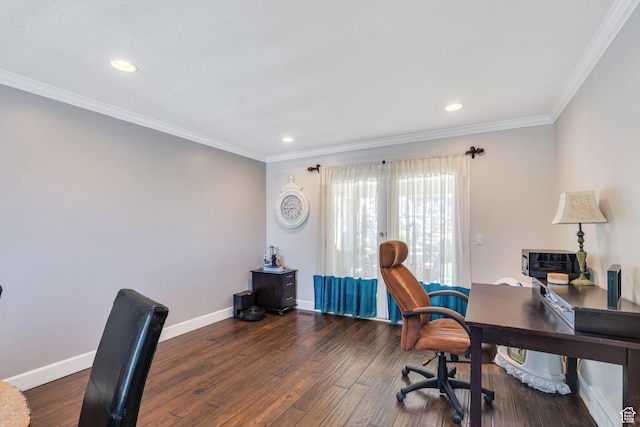 office space featuring ornamental molding, wood finished floors, baseboards, and recessed lighting
