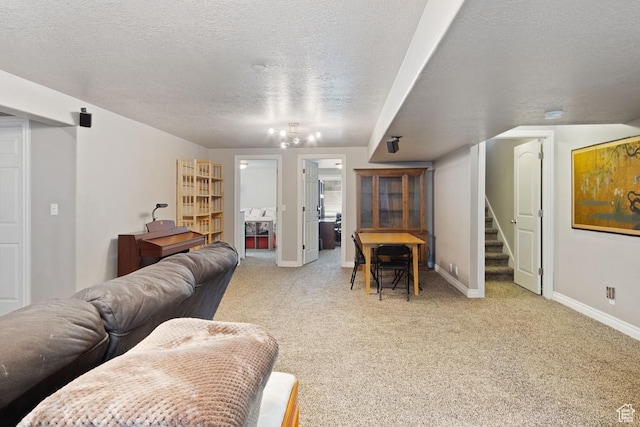 1768 N 200 W, North Ogden, UT 84414 - living room featuring stairs, light colored carpet, a textured ceiling, and baseboards