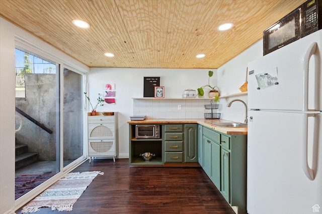 944 N 1400 W, Salt Lake City, UT 84116 - bar area with freestanding refrigerator, a sink, wooden ceiling, dark wood-type flooring, and recessed lighting