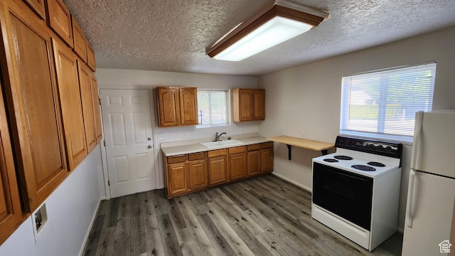 kitchen featuring white appliances, a sink, brown cabinetry, a textured ceiling, and light wood-type flooring