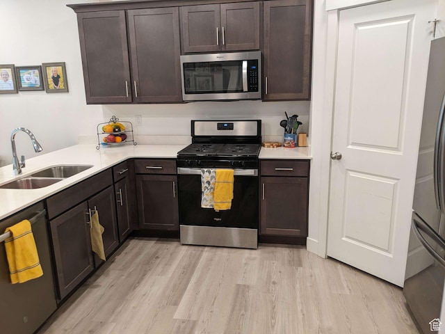 kitchen featuring stainless steel appliances, a sink, light wood-style flooring, and dark brown cabinetry