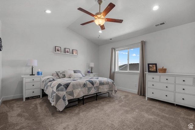 carpeted bedroom with lofted ceiling, baseboards, recessed lighting, and ceiling fan