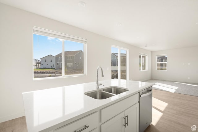 3523 N Browning St Unit 1233, Eagle Mountain, UT 84005 - kitchen featuring stainless steel dishwasher, open floor plan, light wood-style floors, and white cabinets